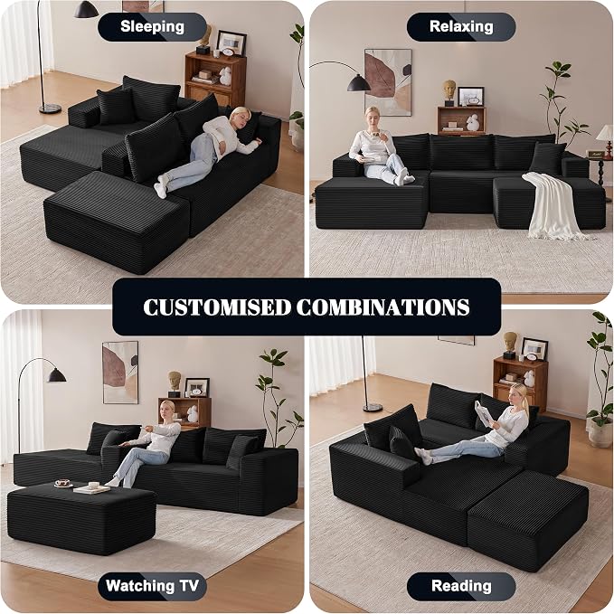 Mangodan 110” Cloud Sectional Couch, Modular Sectional Sofa with Deep Seat, Boneless Sofa for Living Room, Fluffy Comfy U-Shaped Couch with Left Facing Chaise, No Assembly Required, Black