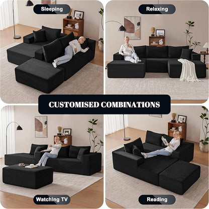 Mangodan 110” Cloud Sectional Couch, Modular Sectional Sofa with Deep Seat, Boneless Sofa for Living Room, Fluffy Comfy U-Shaped Couch with Left Facing Chaise, No Assembly Required, Black