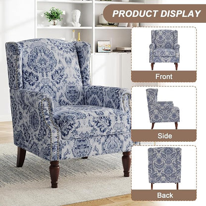 Pia Ricco Set of 2 Floral Accent Chairs, High Back Upholstered Armchairs with Retro Wingback Design, Nailhead Trim & Solid Wood Legs for Living Room Bedroom(Flower Navy)