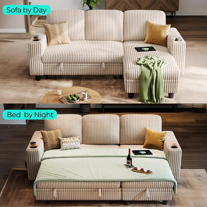 LINSY Home 81" Modular Sectional Couch with Pull Out Bed, L Shaped 3 Seats Sofa with Storage Chaise, Corduroy Convertible Sofa Bed, USB, Cup Holders, Side Pocket, Sleeper Sofa for Living Room, Beige