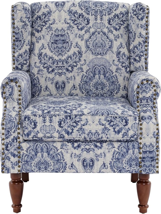 Pia Ricco Set of 2 Floral Accent Chairs, High Back Upholstered Armchairs with Retro Wingback Design, Nailhead Trim & Solid Wood Legs for Living Room Bedroom(Flower Navy)