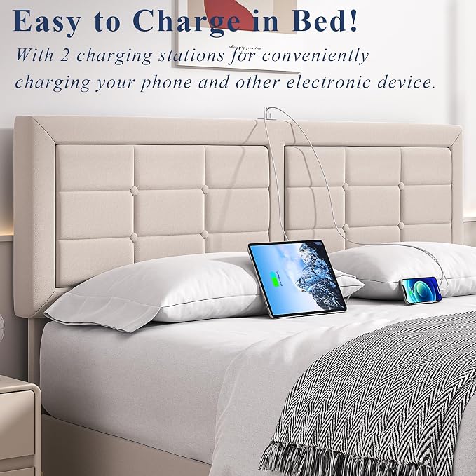 VECELO Queen Size Bed Frame with 4 Storage Drawers & Adjustable Headboard, Built-in Charging Station, Upholstered Bedframe with Wood Slats Support, Beige