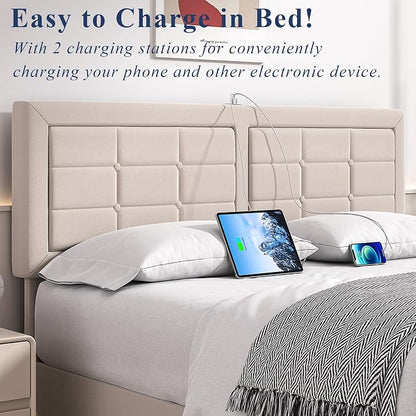 VECELO Queen Size Bed Frame with 4 Storage Drawers & Adjustable Headboard, Built-in Charging Station, Upholstered Bedframe with Wood Slats Support, Beige