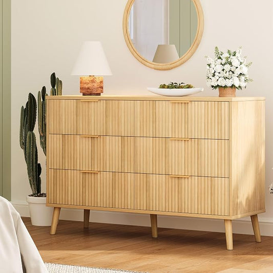 Fluted 6 Drawers Dresser for Bedroom, Wooden Wide Chest of Drawers with Metal Handle, Dresser TV Stand, Closet Storage Organizer for Entryway, Living Room, Hallway (Natural)