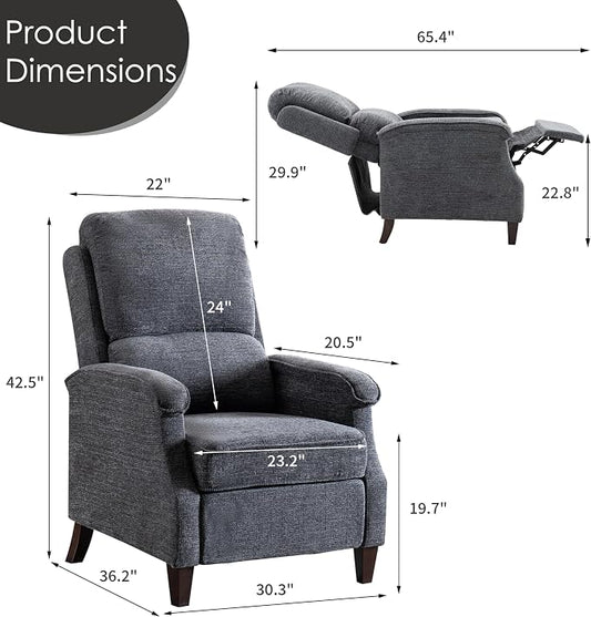 VKNOW Recliner Chair, Fabric Recliner with Soft Armrest, Home Theater Seating with Adjustable Push Back and Lumbar Support, Single Sofa for Adults, Lounge Chair for Living Room, Bedroom（Dark Grey）