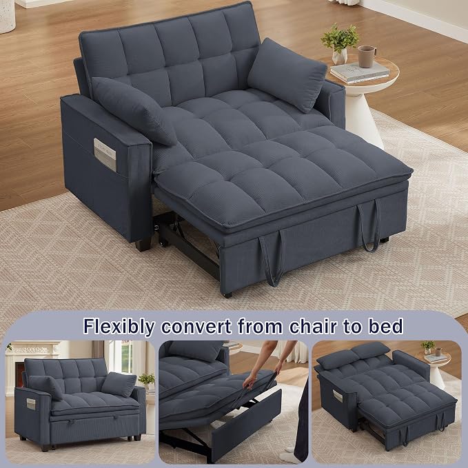 Sleeper Sofa with Pull Out Couch Bed, 48.43" Convertible Pull-Out Sofa Bed Chair, 3-in-1 Futon Couch with Reclining Backrest and Side Pockets for Living Room Bedroom Apartment, Dark Grey