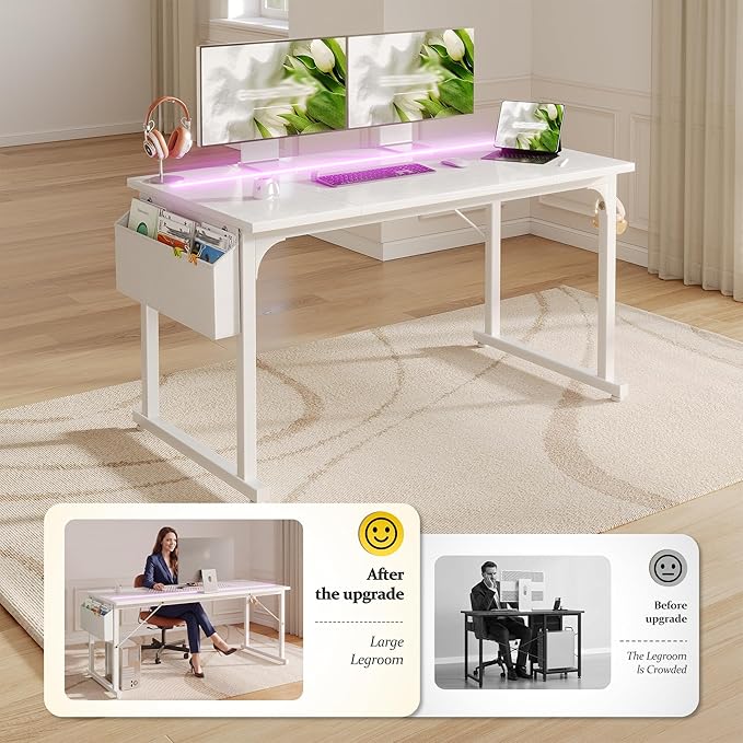 DurayLoly 48 Inch Computer Desk with LED Lights for Home Office,Bedroom Study Desk for Teens, Sturdy Metal Frame,Headphone Hook & Storage Bag,Small Space Design,White