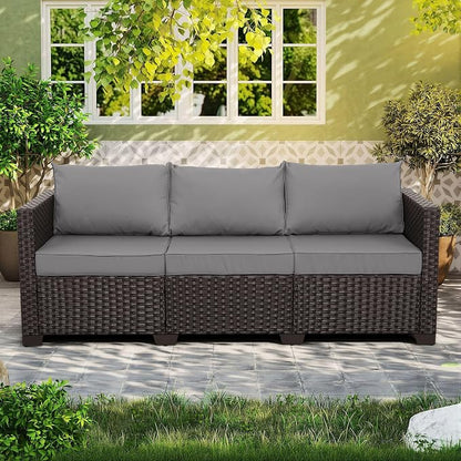 Rattan Star Wicker Patio Sofa Outdoor Furniture Outdoor Couch Deep Seat Sofa High Backrest with Waterproof Cover and Non-Slip Cushions, Grey