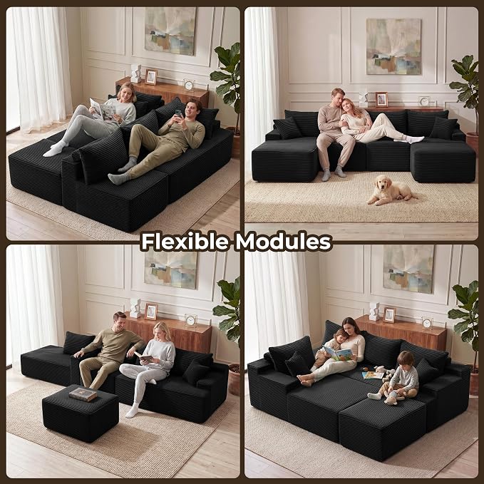 Mangodan 118'' Cloud Sectional Couch, U Shaped Boneless Couches for Living Room, Modular Sectional Sofa with Deep Seat Light Facing Chaise, Comfy Cloud Couch Sofa, Black