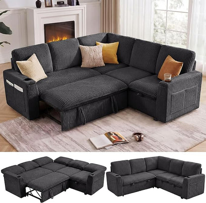 Sectional Sleeper Sofa with Pull Out Bed, Plush Corduroy 5 Seat Modular Sectional Sofa with Storage Chaise and Adjustable Backrest, Cloud Couches for Living Room, Apartment, Dark Grey
