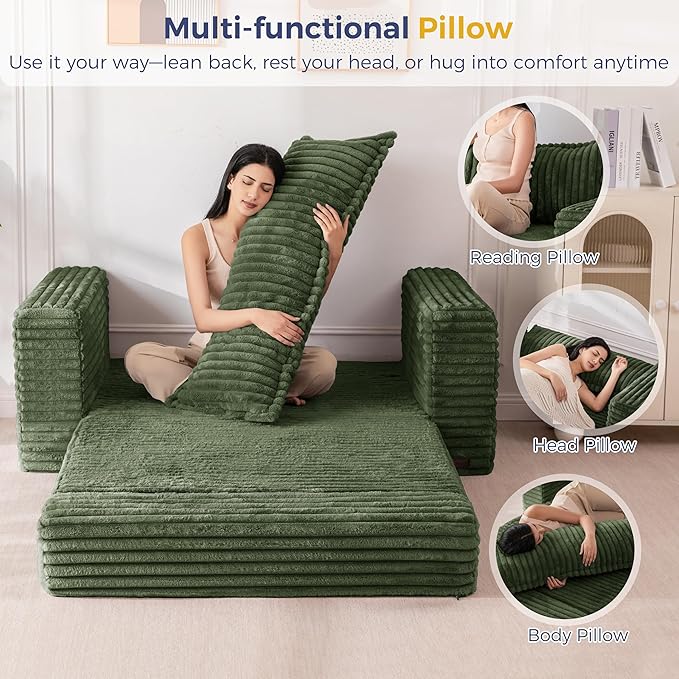 MAXYOYO Convertible Sofa Bed, 2 in 1 Folding Couch Bed for Small Space, Pull Out Loveseat Sofa Couch with Large Back Pillow, Plush Fabric Lounge Couch for Living Room, Apartment, Dark Green