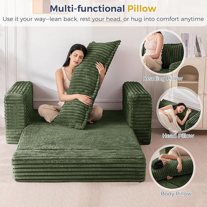 MAXYOYO Convertible Sofa Bed, 2 in 1 Folding Couch Bed for Small Space, Pull Out Loveseat Sofa Couch with Large Back Pillow, Plush Fabric Lounge Couch for Living Room, Apartment, Dark Green
