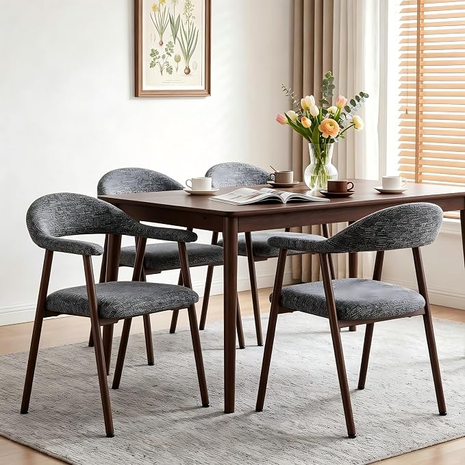 DUMOS Dining Chairs Set of 4, Linen Fabric Upholstered Kitchen Side Chairs with Curved Backrest & Metal Legs, Modern Farmhouse Accent Chair for Dining Room Kitchen Living Room Cafe, Gray