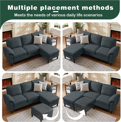 80" Convertible Sectional Sofa, Modern Linen Small L Shaped Couch with Reversible Chaise and Storage Ottoman, 3-Seat Sofa Couches for Living Room, Office, Apartment, Dark Grey