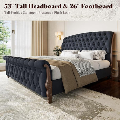 AMERLIFE Upholstered Queen Bed Frame, 53" Tall Sleigh Bed with Button Tufted Chenille Headboard and Footboard, Platform Bed with Carved Solid Wood Legs, No Box Spring Needed, Black