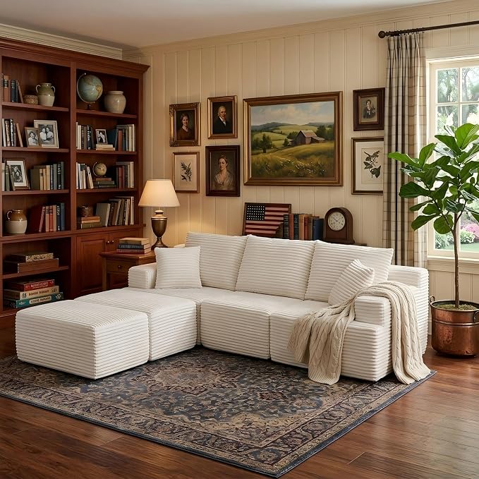 103" Boneless Modular Sectional Sofa Cloud Couch with Ottomans and Pillows, Convertible L/U Shaped Corner Sofa, Full Foam Deep Seat Compressed Couch for Living Room, Apartment