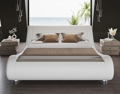 SHA CERLIN Queen Size Upholstered Bed Frame, Deluxe Low Profile Sleigh Bed with Faux Leather Ergonomics Headboard, No Box Spring Needed & Easy Assembly, White