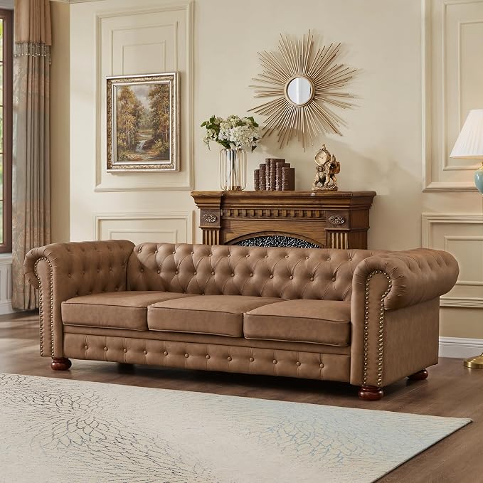 Chesterfield Leather Sofa, 89" Mid Century Modern Couch with Low Back, Roll Arm Nailhead Trim Classic 3 Seater Couch for Living Room, Office, Apartment, Faux Leather Brown