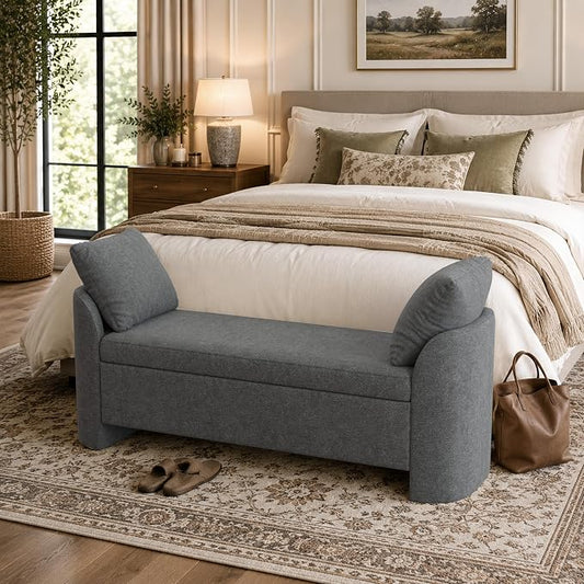 Usaint 58.3" Storage Ottoman Bench with Pillows, Upholstered End of Bed Bench with Arms, Footrest Stool Bench for Bedroom, Living, Window, Entryway and Hallway, Charcoal