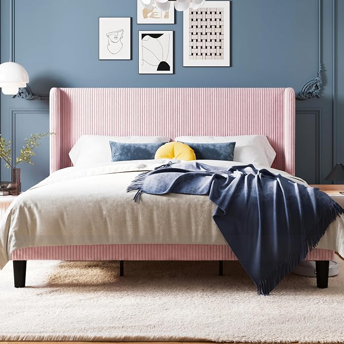 Allewie King Size Bed Frame with Upholstered Wingback Headboard, Vertical Channel Tufted Corduroy Velvet Platform Bed, Strong Wooden Slats Support, No Box Spring Needed, Easy Assembly, Light Pink