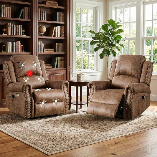 HAOMARKETS Classic Power Recliner Chair Set of 2 with Massage and Heat, Breathable Faux Leather Electric Recliner with USB Port, Overstuffed Reclining Sofa with Rivets for Living Room, Brown