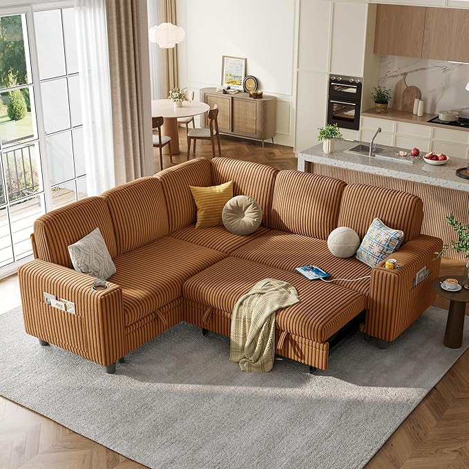 LINSY HOME Sectional Sleeper Sofa with Pull Out Couch Bed - Convertible Plush Corduroy Cloud Couch with Storage Chaise & USB Charging, Comfy L Shaped Modular Couches for Living Room Apartment, Brown