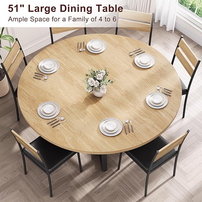 Jocoevol 51'' Round Dining Table for 6,Kitchen Dining Room Circle Dinner Pedestal Table,Space Saving Wood Kitchen & Dining Room Furniture (Natual Wood, 51In)