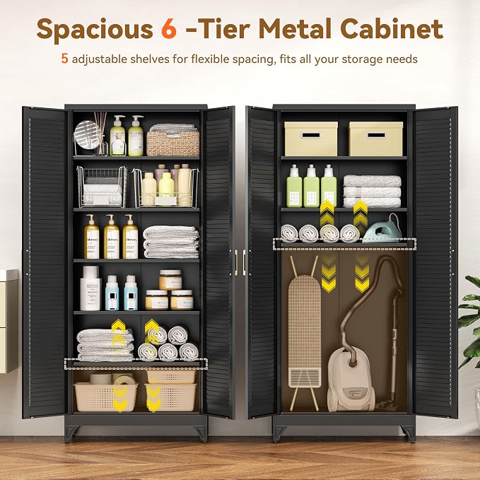Polup 75" Metal Storage Cabinet with Doors and Shelves, Black Kitchen Pantry Cabinet, 6-Tier Freestanding Tall Storage Cabinet for Garage, Office, Bathroom, Laundry Room, Dining Room