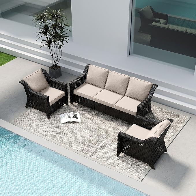 3 Pieces Patio Conversation Furniture Set - 1 Sofa, 2 Armchairs, Outdoor Wicker Furniture with Removable Cushions for Porch, Balcony, Sunroom (Beige)