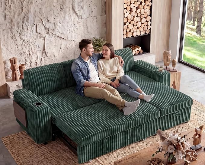 WEUP 86" Modular Sectional Sleeper Sofa with Pull Out Bed, 3 Seat Plush Corduroy L Shaped Couch with Storage Chaise|USB Ports|Cup Holders|Side Table|Storage Armrests, Tool Free Assembly, Green