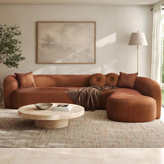 Curved Sectional Sofa with Chaise, 128" Oversized Cloud Couch, Chenille Fabric, High-Density Foam, Deep Seating, No Assembly, L-Shaped Sectional, Modern Living Room Sofa, Burnt Orange