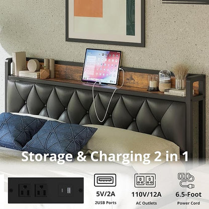 ANCTOR Twin XL Bed Frames, Storage Headboard with Outlets, Easy to Install, Sturdy and Stable, No Noise, No Box Springs Needed, Rustic Brown and Black