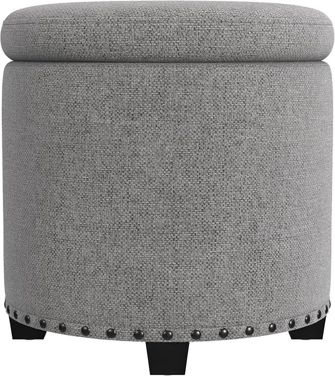 HomePop 18.5" Round Storage Ottoman with Nailheads - Grey Woven