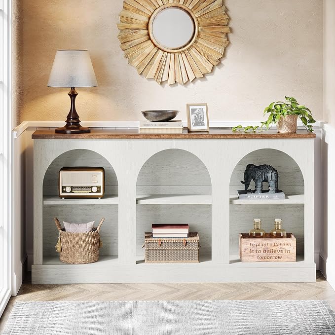 Tribesigns Farmhouse Console Table, 63-Inch Long Entryway Table with 3 Tier Storage, Wooden Rectangular Sofa Table Behind The Couch for Entrance, Hallway, Living Room, Off-White and Brown
