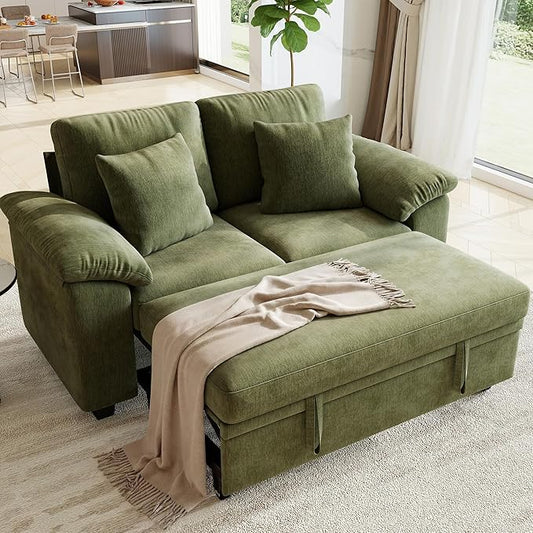 WorthFurni 61” Pull Out Couch, 2 in 1 Sleeper Sofa Bed with Throw Pillow, Convertible Small Loveseat Sleeper Couch for Living Room, Bedroom, Apartment (Green)