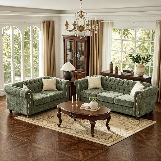 Modern Chesterfield 2-Piece Chenille Sofa & Loveseat Combo, Tufted Couch and Love Seat with Rolled Arms Nailhead Trim and Solid Wood Legs Traditional Upholstered Sofa Set for Living Room Home Green