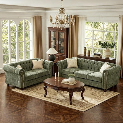 Modern Chesterfield 2-Piece Chenille Sofa & Loveseat Combo, Tufted Couch and Love Seat with Rolled Arms Nailhead Trim and Solid Wood Legs Traditional Upholstered Sofa Set for Living Room Home Green
