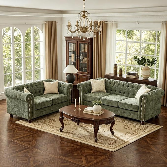 Modern Chesterfield 2-Piece Chenille Sofa & Loveseat Combo, Tufted Couch and Love Seat with Rolled Arms Nailhead Trim and Solid Wood Legs Traditional Upholstered Sofa Set for Living Room Home Green