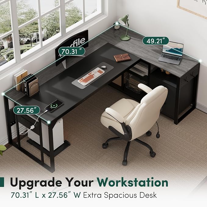 MALOL 70.3" L-Shaped Office Desk, Reversible L-Shaped Computer Desk with Power Outlet, Large Executive Desk with Locked File Drawers & Storage Shelves, Pegboard, Mobile CPU Stand, Modern Corner Desk
