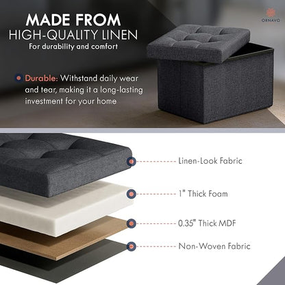 Ornavo Home Small Storage Ottoman, Set of 2, Foldable Collapsible Rectangle Linen Ottoman Foot Rest Stool Seat, for Living Room, Bedroom, Home Office, Dorm - 12 x 16 x 12, Black
