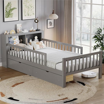 Kids Twin Size Bed Frame with Storage Drawers and Bookcase,Wood Twin Bed Frames for Kids,Twin Bed Frame with Headboard and Footboard for Boys Girls,No Box Spring Needed,Gray