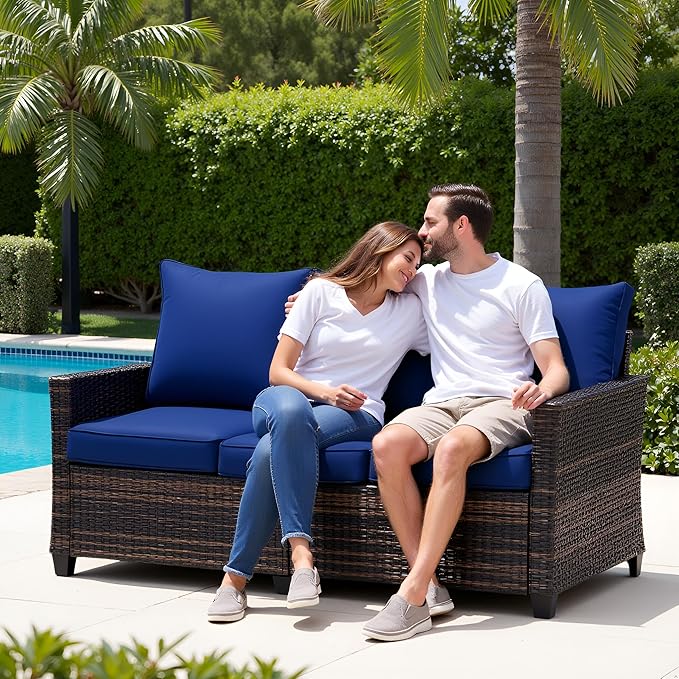 3-Seat Outdoor Sofa, PE Rattan, Blue | High Back Support,Deep Seat Comfort,All-Weather Cushions,For Patio/Garden/Deck,Modern Style