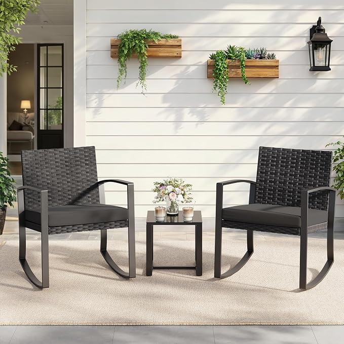 Qsun 3 Pieces Patio Furniture Set Rocking Bistro Set, Outdoor Patio Furniture Set with Coffee Table for Garden Balcony Backyard Poolside (Black Cushion)