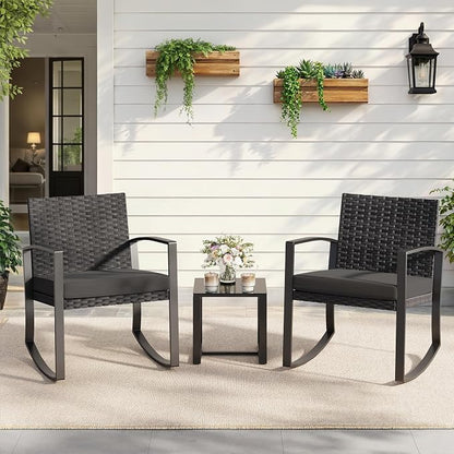 Qsun 3 Pieces Patio Furniture Set Rocking Bistro Set, Outdoor Patio Furniture Set with Coffee Table for Garden Balcony Backyard Poolside (Black Cushion)