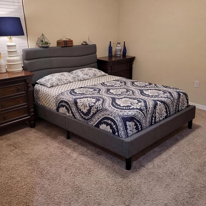 EnHomee Full Size Upholstered Bed Frame with Adjustable Height Headboard,Charging Stations,Noise-Free Platform Bed Full, No Box Spring Needed, Easy Assembly,Grey