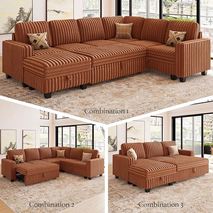 Belffin Modular Sectional Sofa with Storage Chaise Corduroy Sleeper Sofa with Pull Out Bed L Shaped Couch for Living Room. Apartment Couch. Brick-red