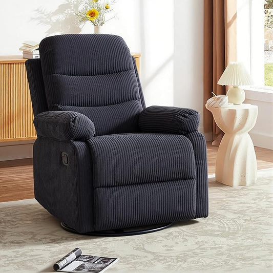 Rocking Recliner Chair,Modern Swivel Glider Recliner Chair,Corduroy Fabric Upholstery Recliner,Manual Reclining Sofa Chair for Living Room,Office,Apartment (Dark Grey)