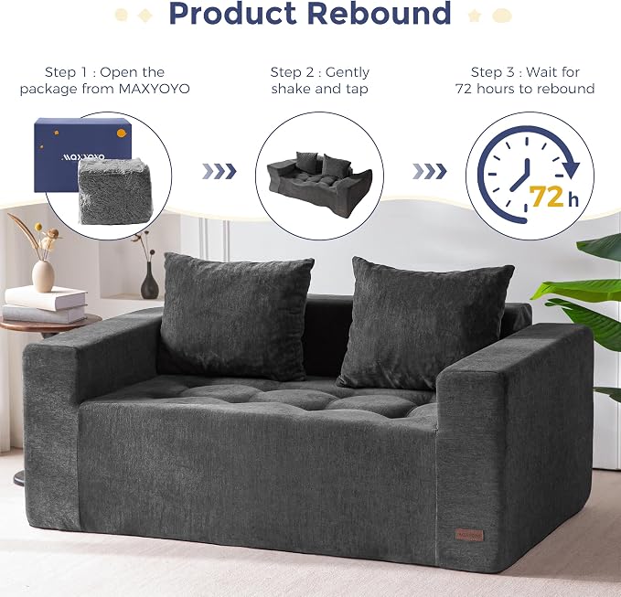 MAXYOYO Modular Sofa Couch, 61" Loveseat Boneless Cloud Couch with Deep Seat, Chenille Upholstered Living Room Comfy Sofa Chair for Living Room, No Assembly Required, Dark Grey