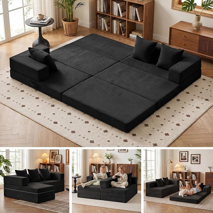 6-in-1 Boneless Couches Modular Sectional Sofa | Cloud Couch Sectional & Tri-Folding Mattress | Corduroy Pet-Friendly Convertible Sofa Bed with 800LB Capacity Living Room, Apartment, Guest Room