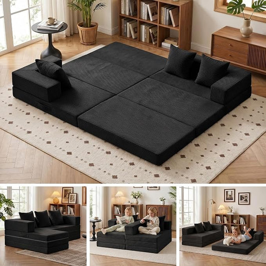 6-in-1 Boneless Couches Modular Sectional Sofa | Cloud Couch Sectional & Tri-Folding Mattress | Corduroy Pet-Friendly Convertible Sofa Bed with 800LB Capacity Living Room, Apartment, Guest Room